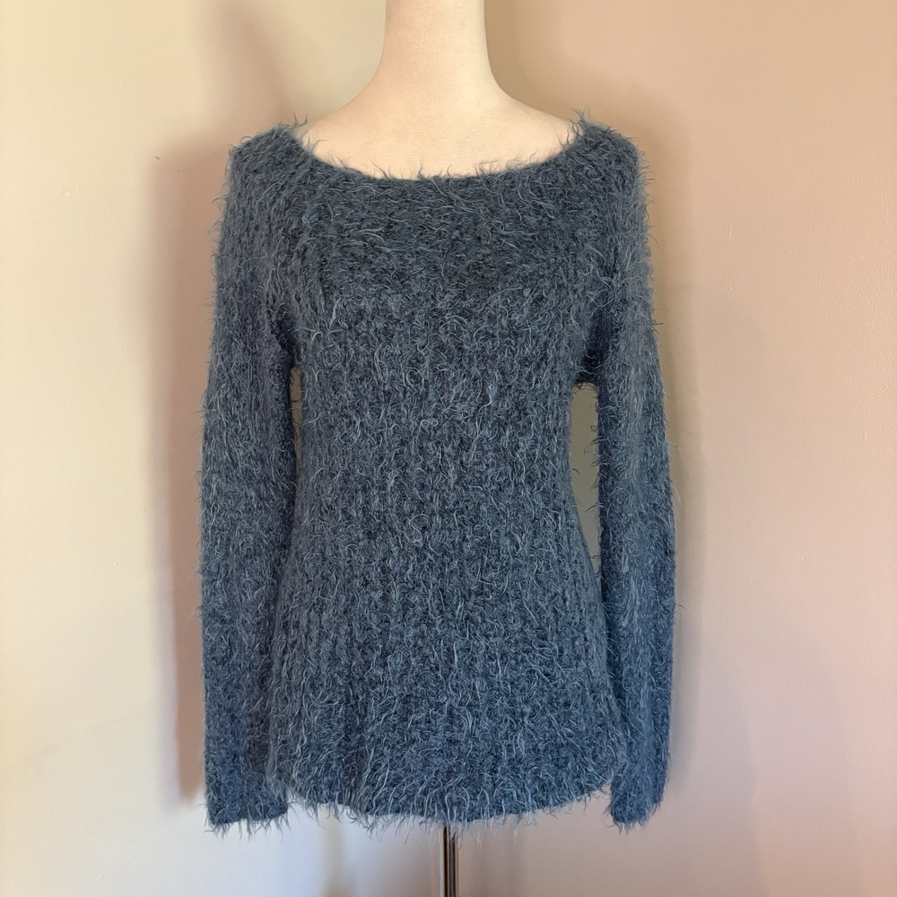 Lineamaglia Shaggy Eyelash Knit Sweater Medium Blue Wool Alpaca Scoop Neck Italy